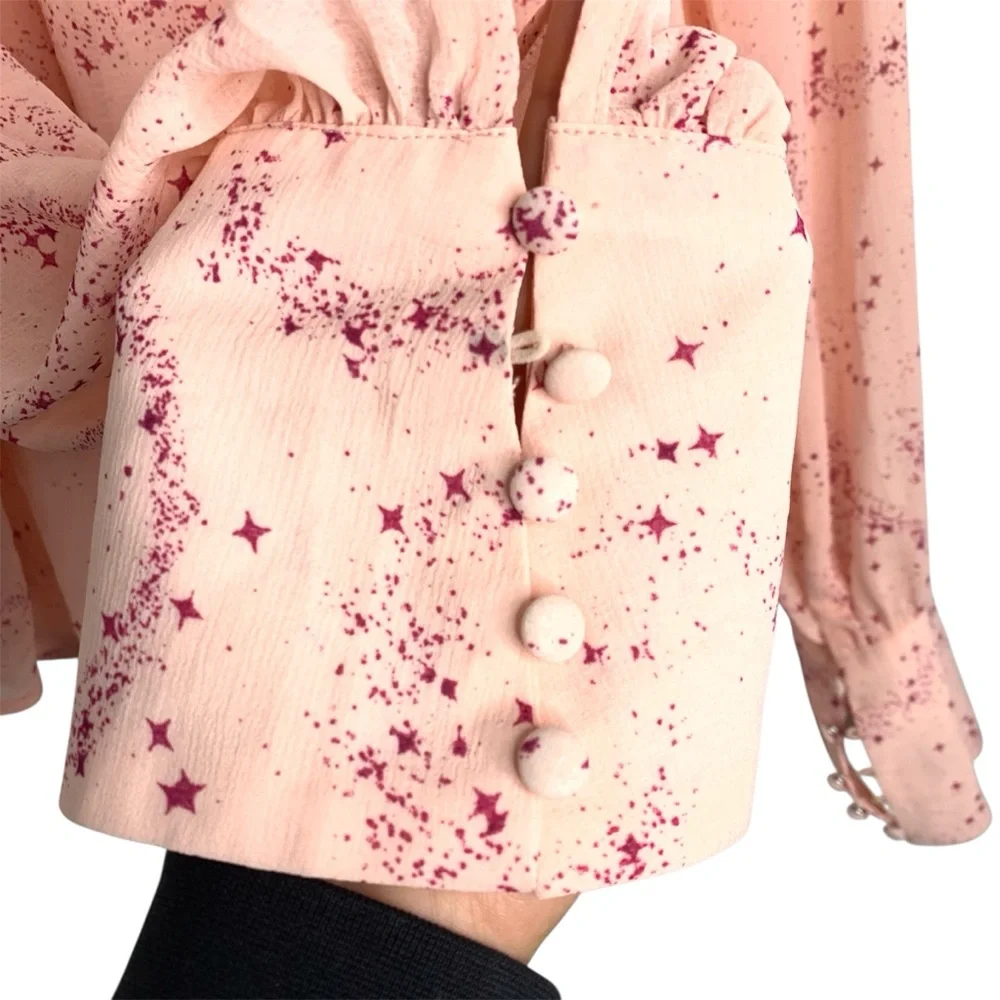 Free People‎ Stars Align Printed Top Tie Neck Detail Smocked Yoke size Small